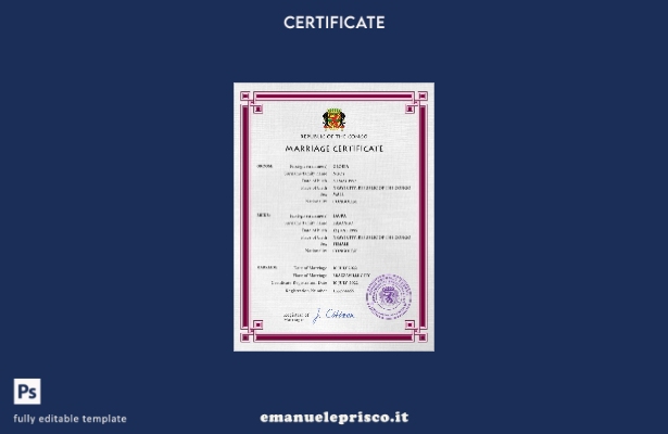 modello PSD del certificato di matrimonio in stile verificato Congo, Repubblica